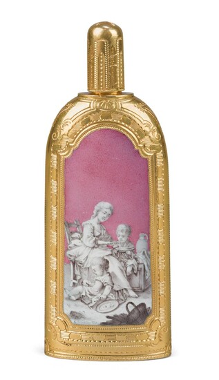An Austrian gold-mounted enamelled scent bottle, c.1770/80, the enamel signed Schindler Wien for Philipp Ernst Schindler II (1723-1793), the front and back painted en grisaille on pink ground with peasant families at domestic pastimes in the manner...