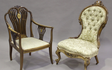 An Edwardian mahogany and inlaid pierced splat back salon chair, height 87cm, width 60cm, together w