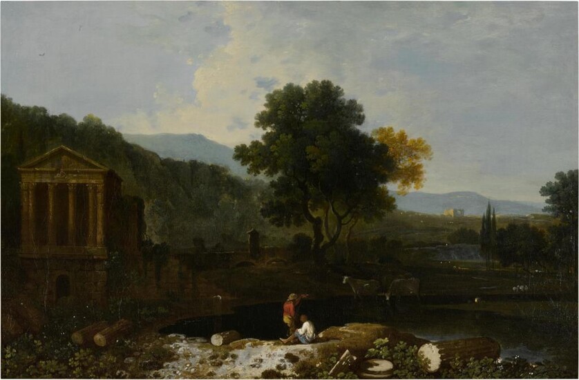 An Italian river scene, with the Temple of Clitumnus and ruins, two figures and cows, Richard Wilson, R.A.