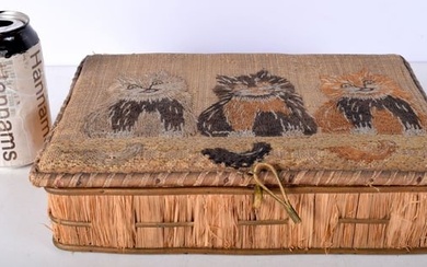An early 20th Century wicker embroidered Cat sewing box in the style of Louis Wain 7 x 28 x 20 cm