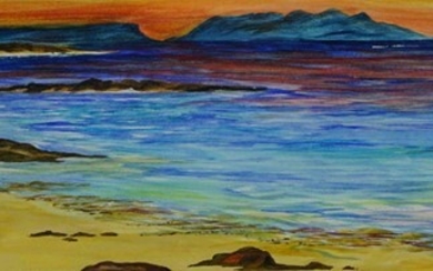 Anne White (Scottish, B.1960) "Blazing Sky, Arisaig" watercolour, signed to lower right, 15cm x 61cm
