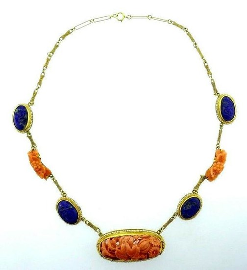 Antique 14k Yellow Gold Carved Lapis Coral Pearl