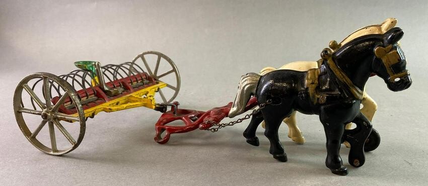 Antique Arcade Cast Iron Hay Rake with Horses
