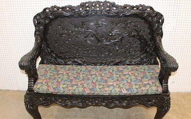 Antique believed to be Japanese Meiji period circa 1880 - 1920 carved hardwood black finish bench