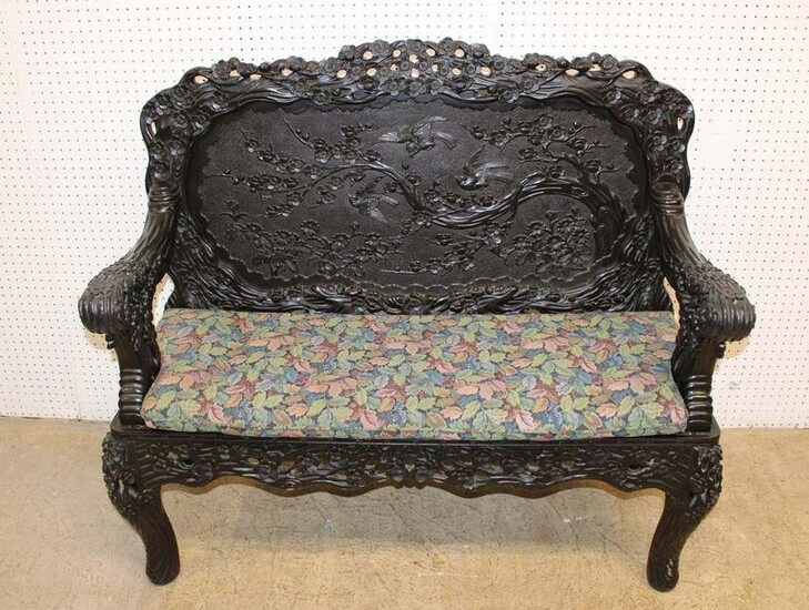 Antique believed to be Japanese Meiji period circa 1880 - 1920 carved hardwood black finish bench