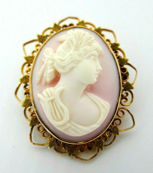 Antique Carved Angel Skin Coral Cameo 10k Yellow Gold