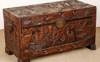 Antique Chinese Hand Carved Camphorwood Chest, Late 19th C.