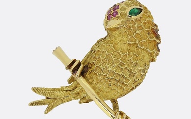 Antique French Ruby and Emerald Bird Brooch