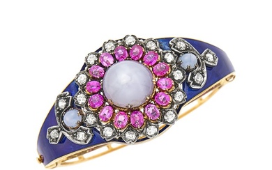 Antique Gold, Silver, Gray Star Sapphire, Pink Sapphire, Diamond and Blue Enamel Bangle Bracelet