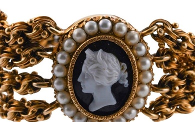 Antique Victorian Cameo Pearl Gold Multi Row Bracelet