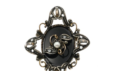 Antique brooch, silver with gold with diamond, onyx and pearl