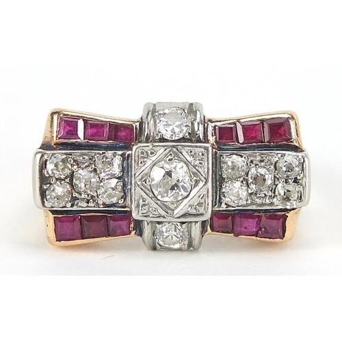Art Deco unmarked gold diamond and ruby ring of bow design, ...