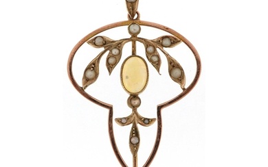 Art Nouveau 9ct gold cabochon opal and seed pearl openwork p...