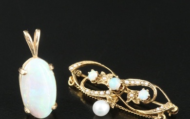 Art Nouveau Style 14K Opal and Pearl Pin with Opal Pendant