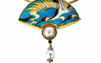 Avian Fantasy Theme, Gold, Enamel, Pearl and Sapphire Pendant by Tricia Young