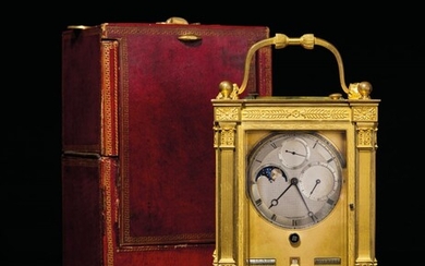 BREGUET, GILT BRONZE GRANDE AND PETITE SONNERIE STRIKING AND QUARTER REPEATING CARRIAGE CLOCK WITH CALENDAR, MOON PHASES AND ALARM, ORIGINAL BOX AND WINDING KEY, NO. 3445, ‘PENDULE PORTATIVE À ALMANACH’