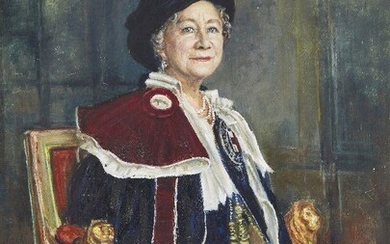 Bernard Hailstone, British 1910-1987 - Queen Elizabeth The Queen Mother, 1980; oil on canvas, signed and dated lower right 'Hailstone 80', 122 x 91 cm: together with a Royal Grafton commemorative china plate designed by David Sharp, 25 cm dia...