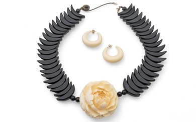 Black Bakelite Necklace with Carved Rose, Earrings L 19" 3 pcs