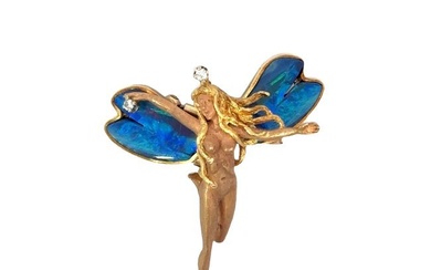 Black Opal & Diamond Nymph Fairy Pendant / Pin 18K Yellow Gold