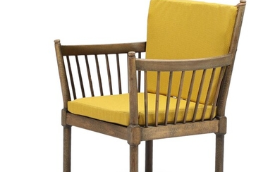 NOT SOLD. Børge Mogensen: "Prototype". Stained beech armchair with linen straps in seat, loose cushions with yellow cover. Made by Fritz Hansen, 1940s. – Bruun Rasmussen Auctioneers of Fine Art