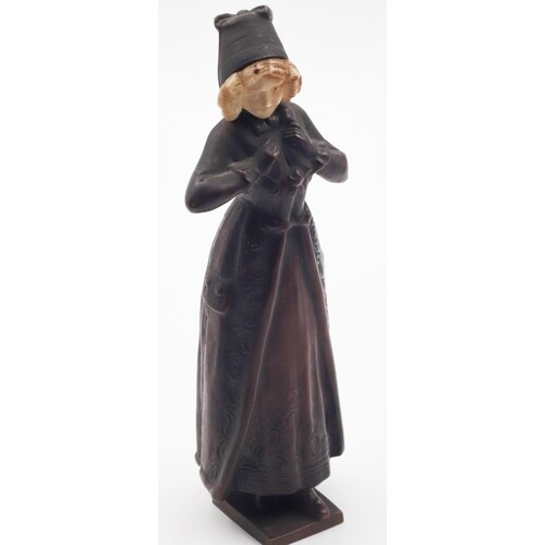 Bronze Figure of Lady in Frock Coat with Hat Attractively De...