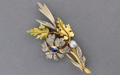 Brooch "Bouquet" in two-tone gold and enamel decorated with a...