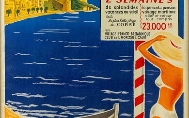 [CALVI] Affiche publicitaire "Calvi-Corse, village franco-britannique, club de l'horizon". Imprimerie R.DELIGNE à Paris. 58,5 x...