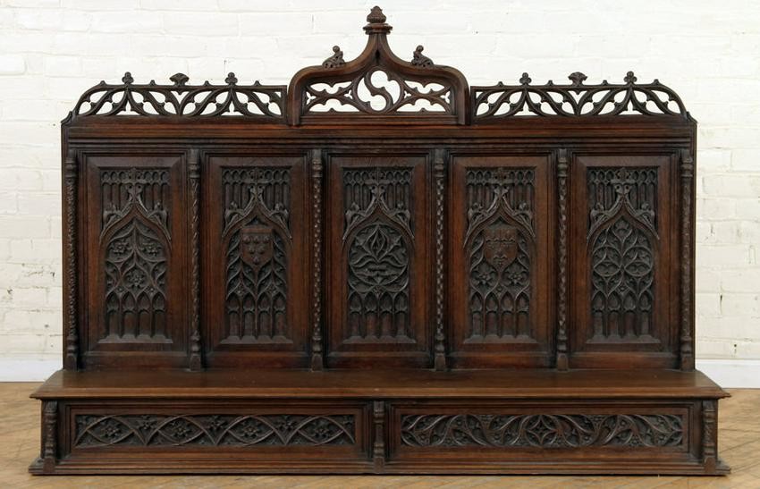 CARVED OAK GOTHIC STYLE WALL HUNG SHELF C.1900