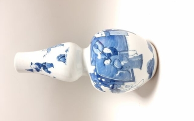 CHINE, XIXème. VASE DOUBLE GOURDE en porcelaine bleu blanc à motif de personnages. Marque apocryphe...