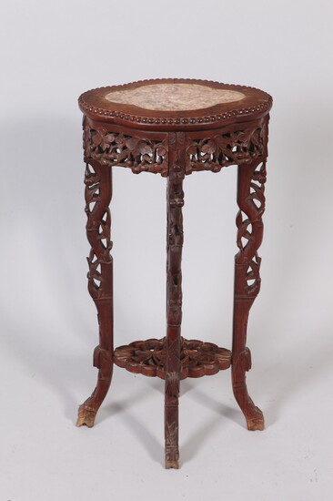 CHINESE CARVED AND PIERCED TABOURET WITH MARQUISE SHAPED TOP INSET...