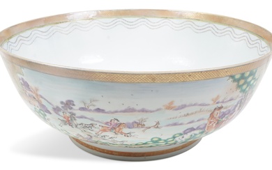 CHINESE EXPORT FAMILLE ROSE HUNT PUNCH BOWL, 18TH CENTURY Height: 6 1/4 in. (15.9 cm.), Diameter: 15 5/8 in. (39.7 cm.)