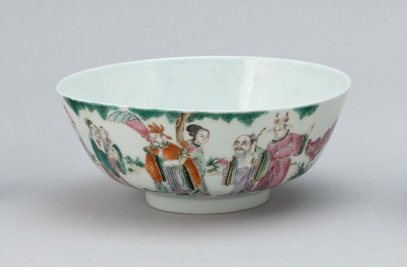 CHINESE FAMILLE ROSE PORCELAIN BOWL Decoration of figures in a landscape. Four-character Qianlong mark on base. Height 2.5". Diamete...