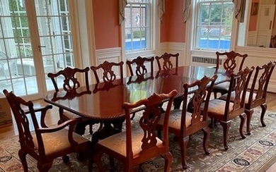 CHIPPENDALE STYLE MAHOGANY BANQUET TABLE & 10 CHAIRS (3-PEDESTAL TABLE)