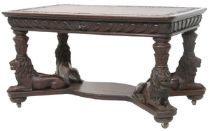 Carved Mahogany Figural Lion Library Table