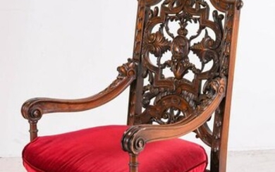 Carved walnut Renaissance Revival highback chair