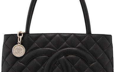 Chanel Black Quilted Caviar Leather Medallion Tote with Silver...