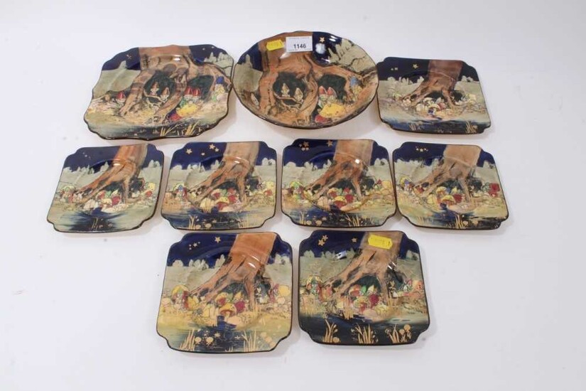 Charles Noke- set of Royal Doulton 'Gnomes & Munchkins' series ware dessert/sandwich set, pattern D4697, 9 pieces