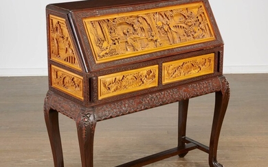 Chinese Export carved mixed wood secretaire
