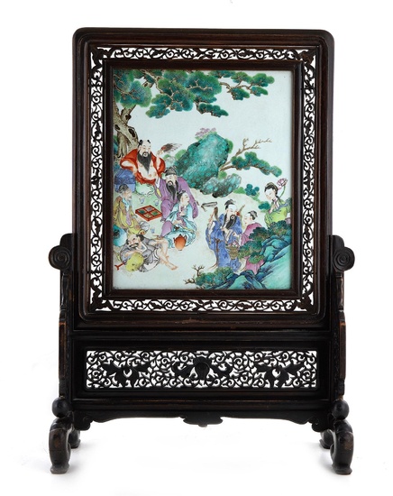 Chinese Famille Rose Porcelain and Carved Hardwood Table Screen