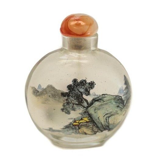 Chinese Glass Snuff Bottle, Hand Painted Mountains