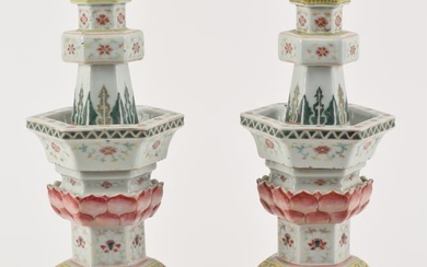 Chinese Guang Xu period 2-part famille rose porcelain alter sticks. Hexagonal form with lotus leaf