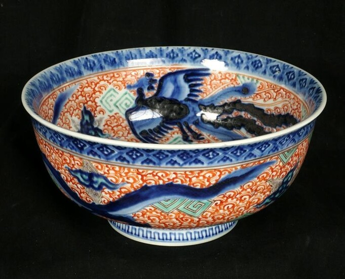 Antique Chinese Polychrome Dragon and Phoenix Bowl
