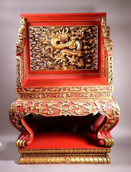 Chinese Red & Gold Lacquered Carved Wood Chair