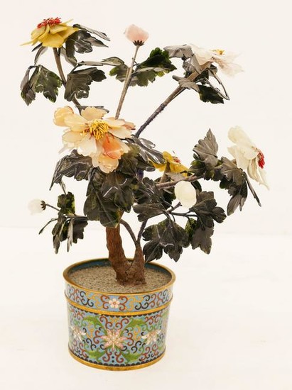 Chinese Republic Jade Tree in Cloisonne Planter
