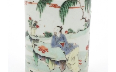 Chinese porcelain brush pot hand painted in the famille vert...