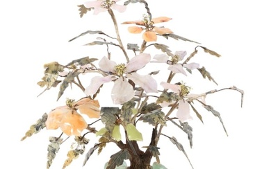 Chinese semi-precious stone / jade flower tree arrangement on green onyx wave carved base planter.