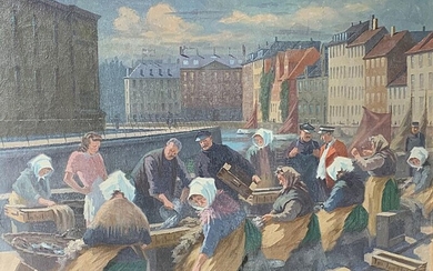 SOLD. Christian Mortensen: Fishermens' wives and shoppers at Gl. Strand, Copenhagen. Signed. Oil on canvas. 90 x 110 cm. – Bruun Rasmussen Auctioneers of Fine Art