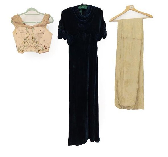Circa 1930s Blue Velvet Evening Dress, sleeveless and full length...