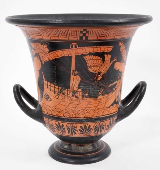 Classical Revival attic Greek urn, with twin handles and everted rim, painted with scenes from Greek myth, on socle base, 25.5cm high