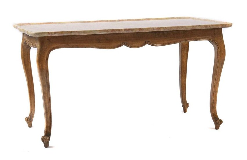 Coffee table in rococo style around 1900, beech, curved legs on volute feet, curved frame, erg. curved table top made of reddish Veronese marble with slightly raised edge, in addition a walnut table top (LxW: 123/69) with curved edge, HxWxD: 56/105/58...